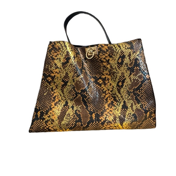 Faux Leather Tote Bag Snakeskin Print with Gold Metallic Accent Print - Picture 3 of 9